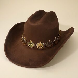 Black Western Cowboy Fedora Hat with Gold Concho Eagle Chain Band